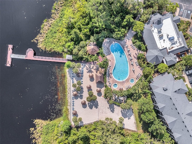 drone / aerial view featuring a water view