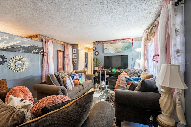 living room with a textured ceiling