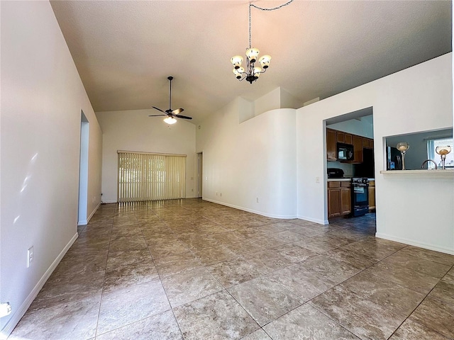 unfurnished room featuring a textured ceiling, ceiling fan with notable chandelier, and high vaulted ceiling