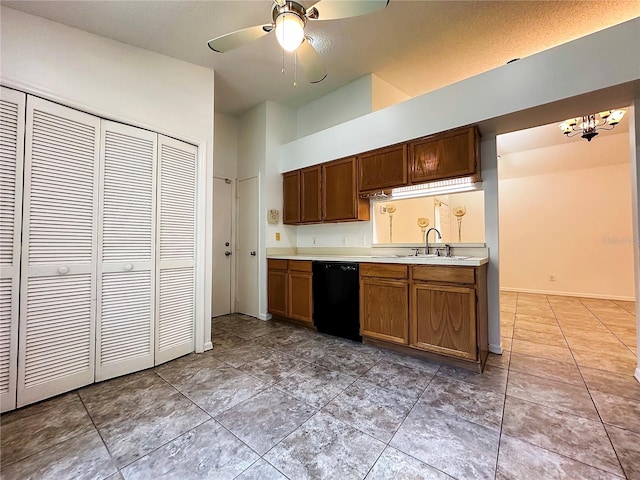 kitchen with sink, black dishwasher, a textured ceiling, light tile patterned floors, and ceiling fan with notable chandelier