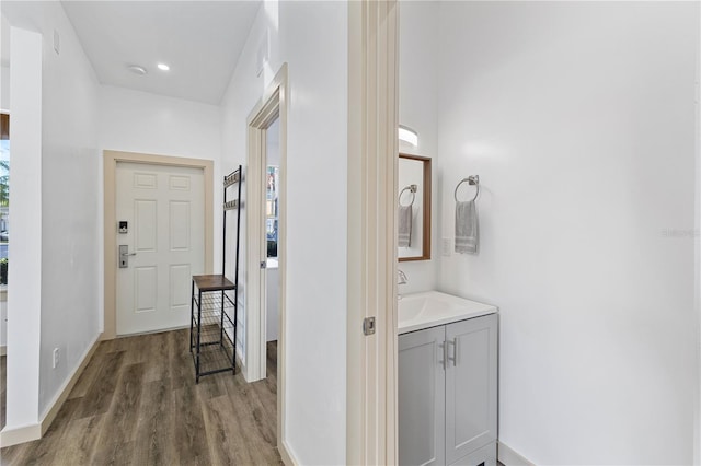 hall featuring plenty of natural light, a sink, baseboards, and wood finished floors