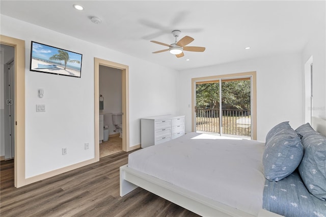 bedroom featuring ceiling fan, dark hardwood / wood-style floors, access to outside, and ensuite bath