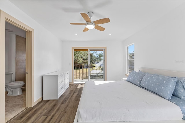 bedroom with ceiling fan, dark hardwood / wood-style floors, access to outside, and ensuite bath