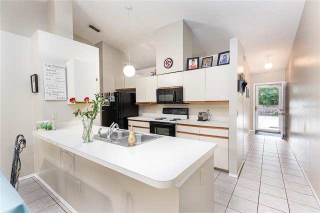 kitchen with sink, kitchen peninsula, pendant lighting, white cabinets, and black appliances