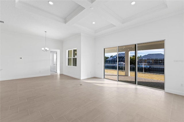 unfurnished room featuring beamed ceiling, a high ceiling, coffered ceiling, crown molding, and an inviting chandelier