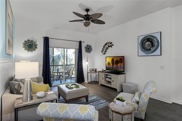 608 Gran Bahama Blvd Unit 608, Davenport, FL 33897 - living room with dark wood-type flooring, a ceiling fan, and baseboards