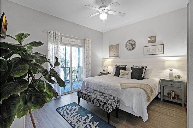 bedroom featuring ceiling fan, access to exterior, and wood-type flooring