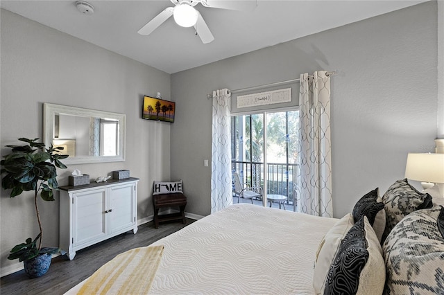 bedroom with ceiling fan, dark hardwood / wood-style flooring, and access to outside