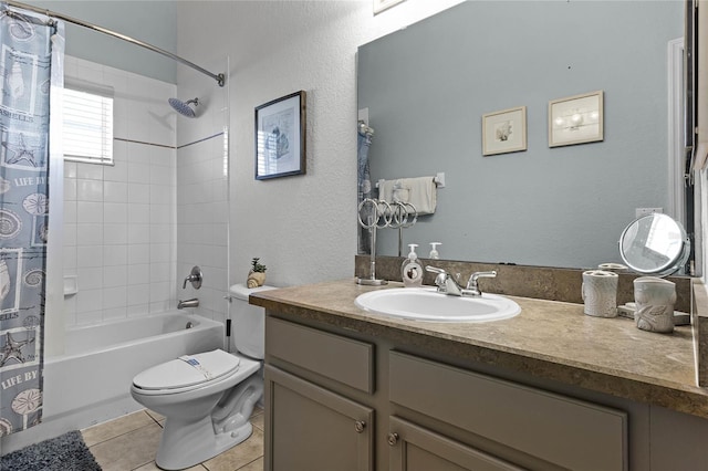 full bathroom with tile patterned flooring, vanity, toilet, and shower / bathtub combination with curtain