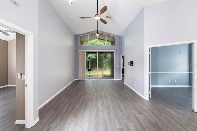 interior space with high vaulted ceiling, ceiling fan, and dark wood-type flooring