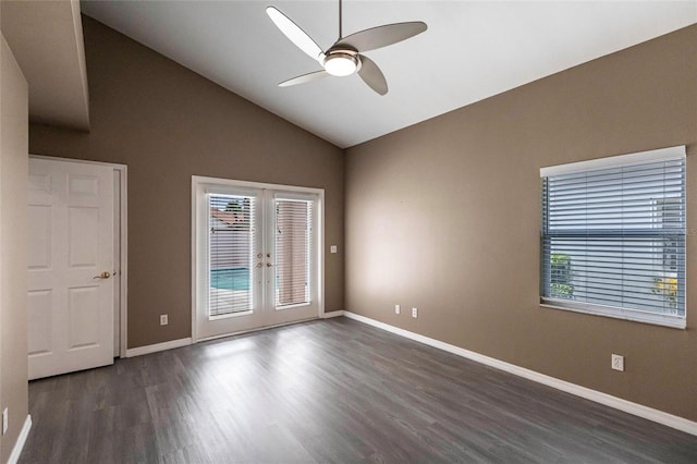 unfurnished room with french doors, high vaulted ceiling, ceiling fan, and dark wood-type flooring