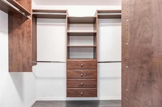 walk in closet with dark hardwood / wood-style flooring