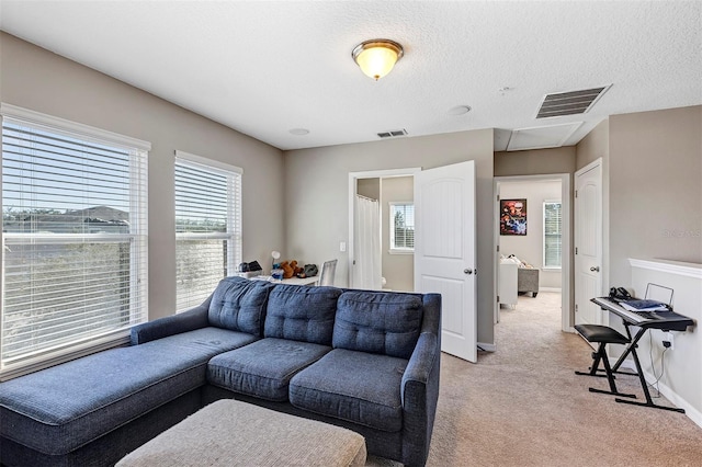 living room with light carpet and a textured ceiling