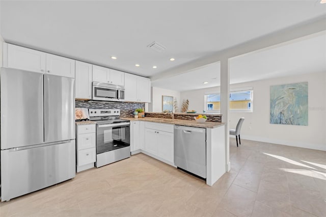 4059 Orient Dr, Hernando Beach, FL 34607 - kitchen featuring appliances with stainless steel finishes, a peninsula, backsplash, a sink, and white cabinetry