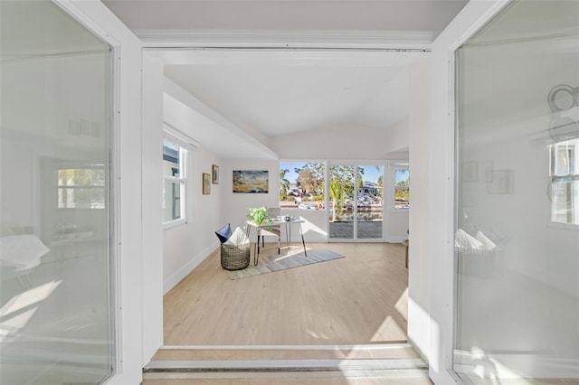 interior space with light hardwood / wood-style floors and vaulted ceiling