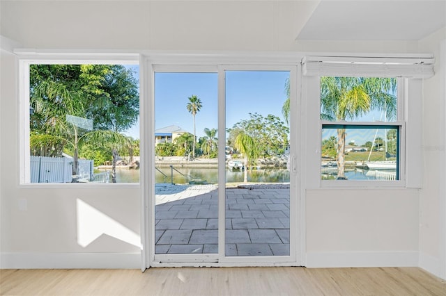 doorway featuring hardwood / wood-style flooring and a water view