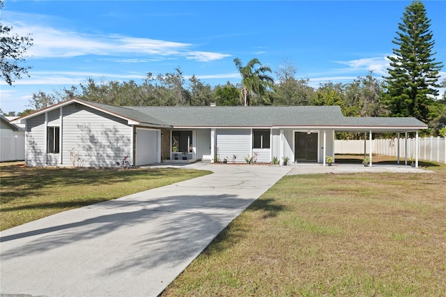 single story home featuring a front lawn and a carport