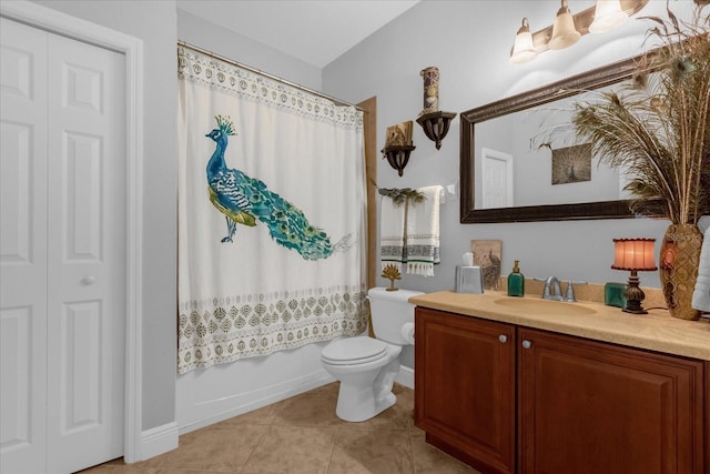 full bathroom featuring vanity, tile patterned flooring, shower / bathtub combination with curtain, and toilet