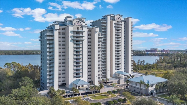 view of building exterior featuring a water view