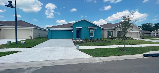 ranch-style house with a front yard and a garage