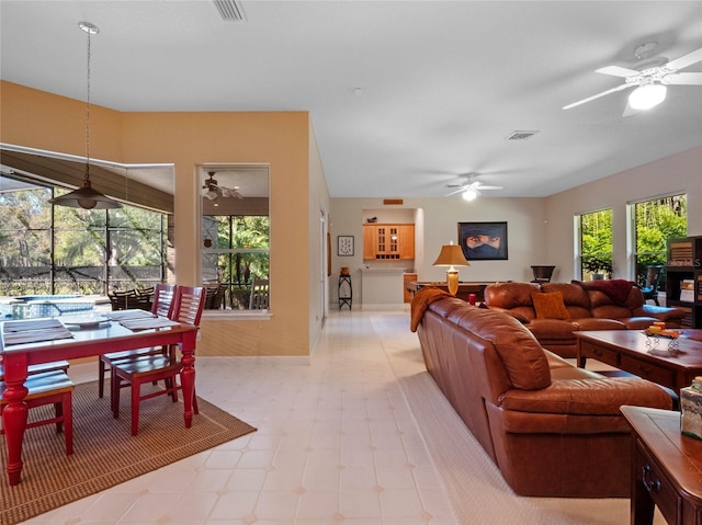 living room with ceiling fan