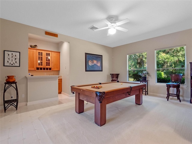 recreation room featuring bar area, ceiling fan, and pool table