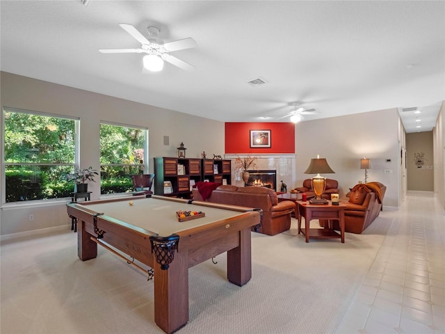 playroom featuring light tile patterned floors, ceiling fan, and pool table