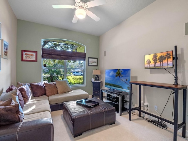 living room with ceiling fan and carpet floors