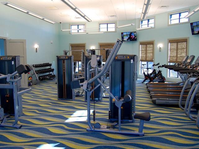 exercise room featuring a towering ceiling and carpet floors