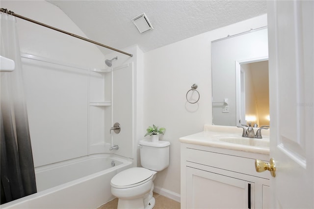 full bathroom featuring vanity, tile patterned floors, toilet, a textured ceiling, and shower / tub combo with curtain