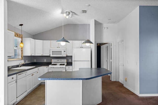 kitchen featuring white cabinetry, sink, high vaulted ceiling, pendant lighting, and white appliances