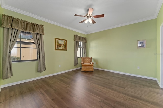 unfurnished room with crown molding, dark hardwood / wood-style flooring, and ceiling fan