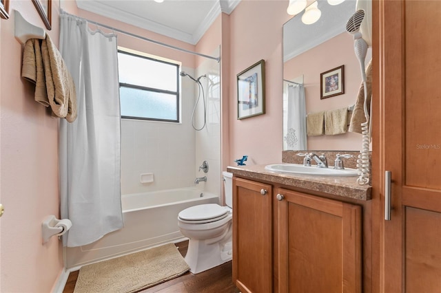 full bathroom featuring shower / bath combo, ornamental molding, vanity, wood-type flooring, and toilet