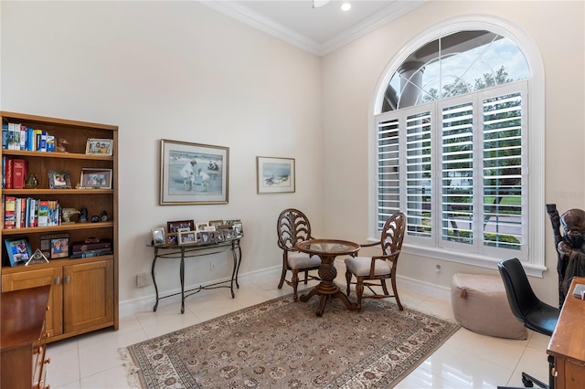 office space with plenty of natural light, ornamental molding, and light tile patterned flooring