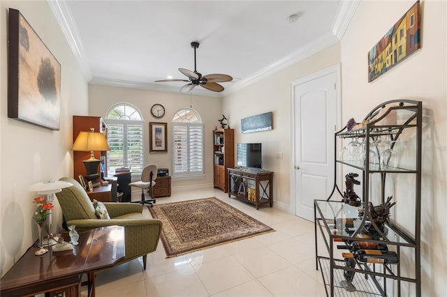 tiled living room featuring ceiling fan and crown molding