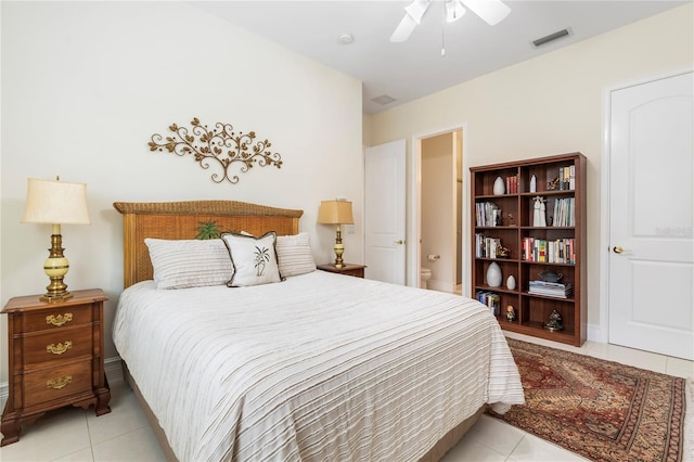 bedroom featuring ceiling fan and light tile patterned floors