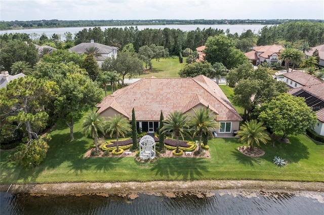 drone / aerial view featuring a water view