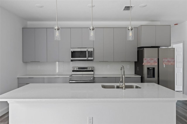 kitchen featuring gray cabinets, sink, and stainless steel appliances