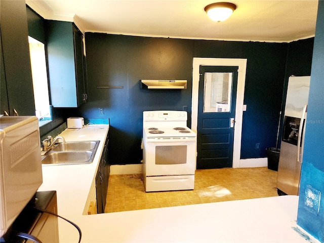 kitchen featuring white range with electric cooktop, sink, and exhaust hood