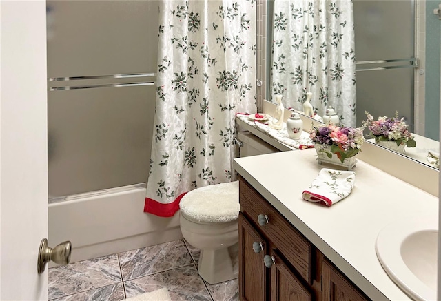 full bathroom featuring toilet, vanity, tile patterned flooring, and shower / tub combo with curtain