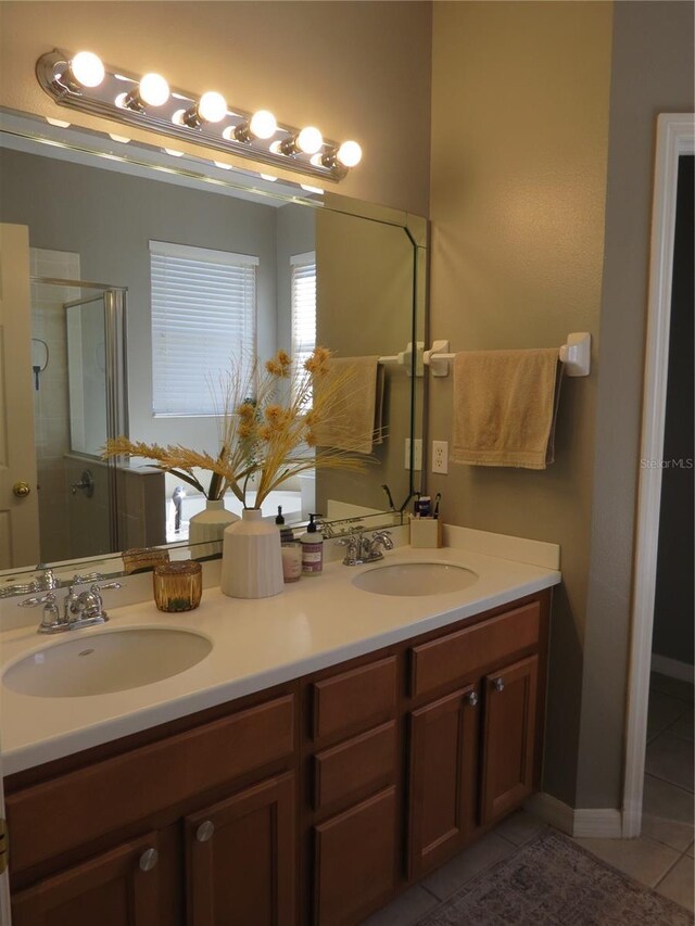 bathroom featuring tile patterned floors, vanity, and walk in shower