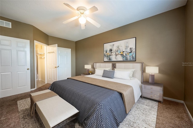 carpeted bedroom with ceiling fan