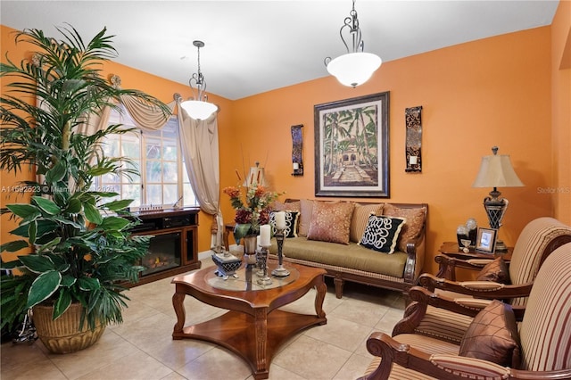 living room featuring light tile patterned flooring