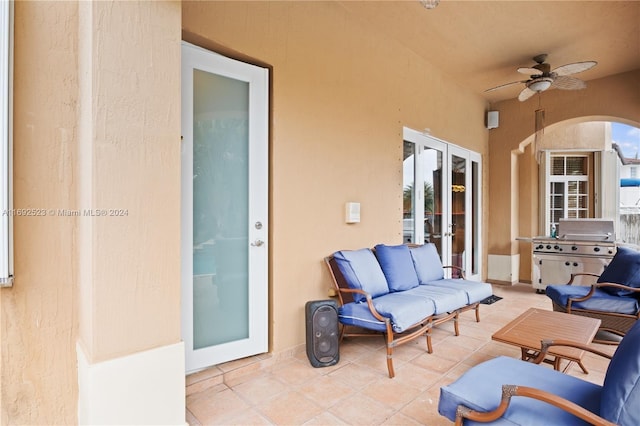 view of patio featuring an outdoor hangout area, ceiling fan, french doors, and a grill