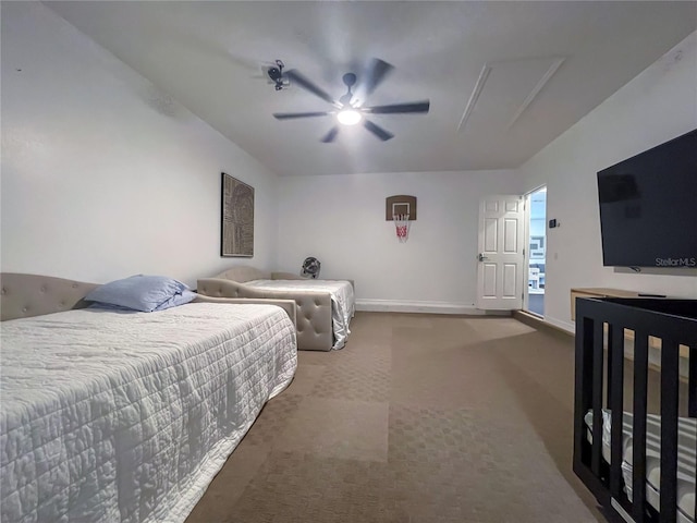 carpeted bedroom with ceiling fan