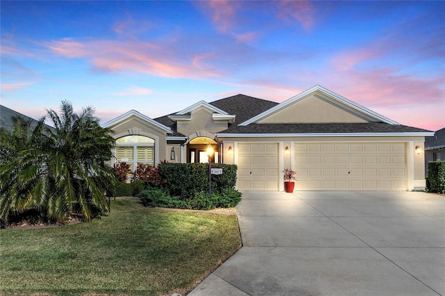 ranch-style house with a garage and a yard