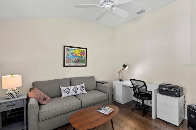 home office featuring ceiling fan, lofted ceiling, and dark hardwood / wood-style flooring