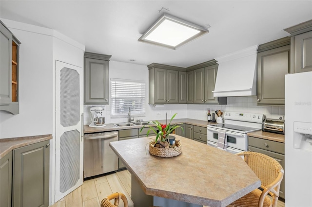 kitchen with sink, light hardwood / wood-style flooring, white appliances, gray cabinets, and custom exhaust hood