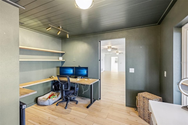 office with ceiling fan, light wood-type flooring, rail lighting, and wooden ceiling