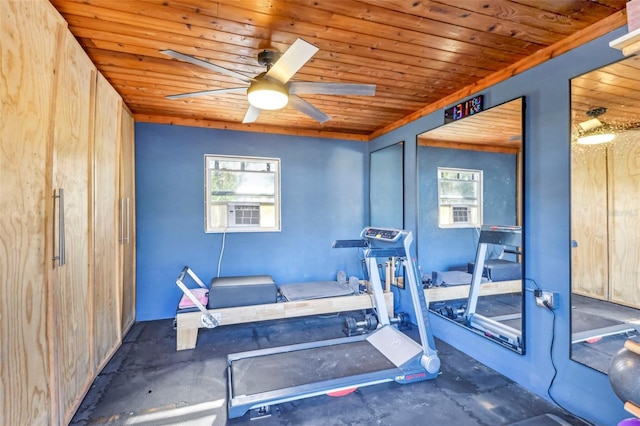 exercise room with ceiling fan and wood ceiling